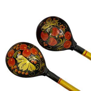 Vintage Russian Khokhloma 2 Wooden Spoons 16" Strawberry Cherry Hand Painted